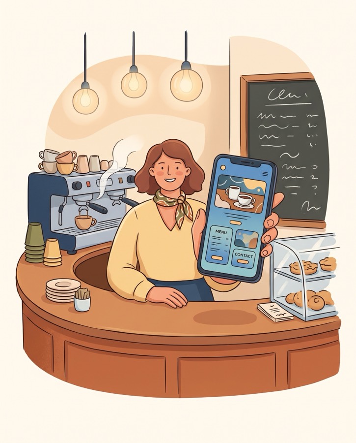 Une gérante de café montre le site web de son établissement sur son téléphone
